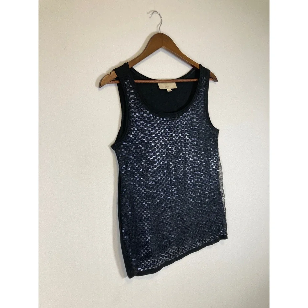 Party Glam LOFT Women Med Black Sequin Lace Front Scoop Neck Tank Top Sleeveless